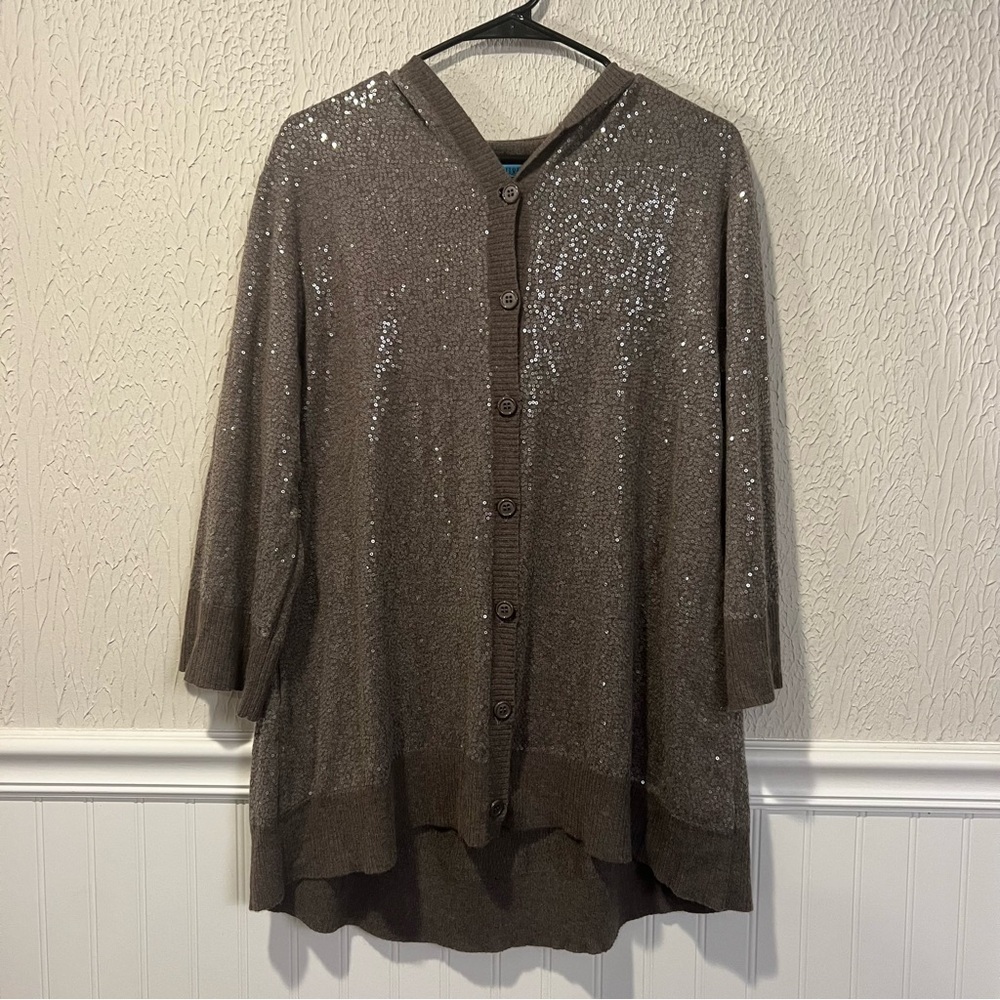 Alice & Olivia Brown Taupe Sequin Hooded Cardigan size large - Picture 3 of 16